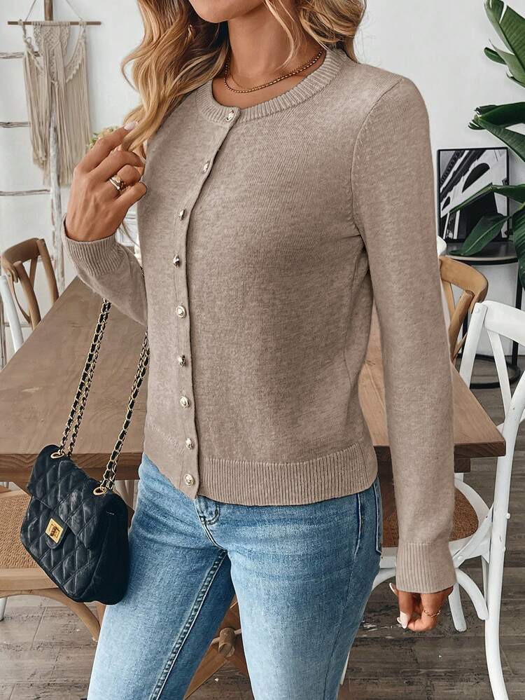 SHEIN Women's Plain Simple Long Sleeve Cardigan For Everyday Wear Fall Winter Cloth For Women - Mocha Brown - View 5