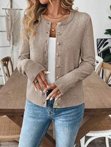 SHEIN Women's Plain Simple Long Sleeve Cardigan For Everyday Wear Fall Winter Cloth For Women - Mocha Brown - View 6