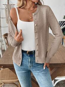 SHEIN Women's Plain Simple Long Sleeve Cardigan For Everyday Wear Fall Winter Cloth For Women - Mocha Brown - View 3