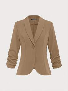 EMERY ROSE Women Button-Down 3/4 Sleeve Casual Blazer Jacket, Suitable For Home, Outdoor - Khaki - View 3