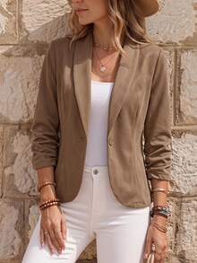 EMERY ROSE Women Button-Down 3/4 Sleeve Casual Blazer Jacket, Suitable For Home, Outdoor - Khaki - View 1