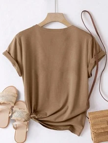 EMERY ROSE Vintage Leopard Print Heart & Feather Graphic Round Neck Short Sleeve V-Neck Casual Women T-Shirt, Summer - Camel - View 2