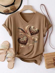 EMERY ROSE Vintage Leopard Print Heart & Feather Graphic Round Neck Short Sleeve V-Neck Casual Women T-Shirt, Summer - Camel - View 4