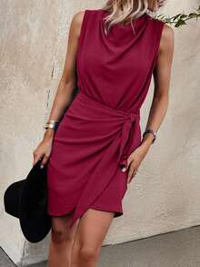 EMERY ROSE Summer Casual Solid Color Tie-Wrap Sleeveless Dress - Burgundy - View 6