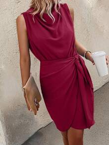 EMERY ROSE Summer Casual Solid Color Tie-Wrap Sleeveless Dress - Burgundy - View 5