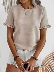 EMERY ROSE Solid Color Ruffled Short Sleeve T-Shirt - Apricot - View 3