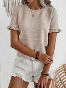 EMERY ROSE Solid Color Ruffled Short Sleeve T-Shirt - Apricot - View 4