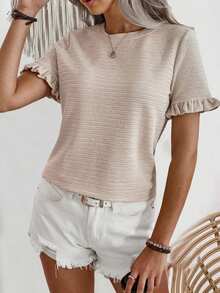 EMERY ROSE Solid Color Ruffled Short Sleeve T-Shirt - Apricot - View 7
