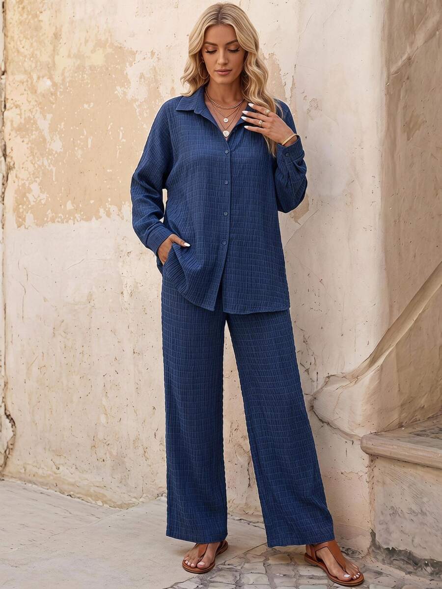 EMERY ROSE Solid Drop Shoulder Shirt & Wide Leg Trousers - Navy Blue - View 1