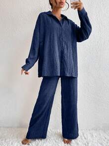 EMERY ROSE Solid Drop Shoulder Shirt & Wide Leg Trousers - Navy Blue - View 5