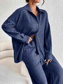 EMERY ROSE Solid Drop Shoulder Shirt & Wide Leg Trousers - Navy Blue - View 7
