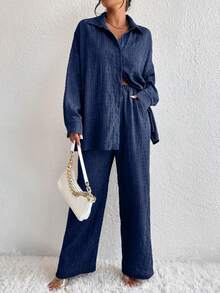 EMERY ROSE Solid Drop Shoulder Shirt & Wide Leg Trousers - Navy Blue - View 4