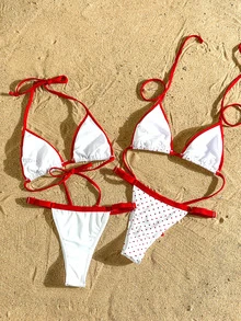 Swim Vcay 女款泳衣套裝，沙灘裝組合套裝，肩帶露背上衣與丁字褲，海灘度假風多件套，夏季新款泳衣 - 紅白色 - 查看 2