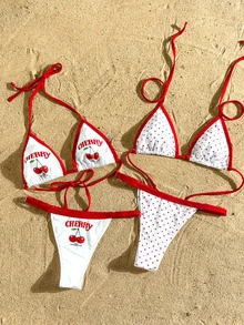 Swim Vcay 女款泳衣套裝，沙灘裝組合套裝，肩帶露背上衣與丁字褲，海灘度假風多件套，夏季新款泳衣 - 紅白色 - 查看 1