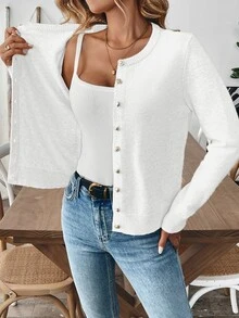 EMERY ROSE Women's Solid Color Open Front Casual Long Sleeve White Cardigan Fall Winter Cloth For Women - White - View 4