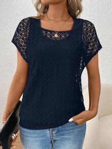 EMERY ROSE Women Lace Stitching Asymmetrical Shoulder Top - Royal Blue - View 6