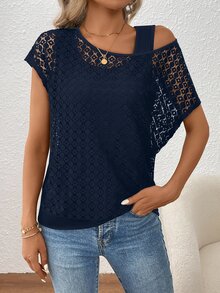 EMERY ROSE Women Lace Stitching Asymmetrical Shoulder Top - Royal Blue - View 3