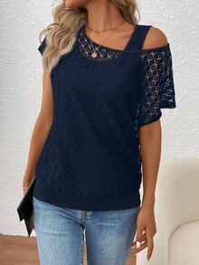 EMERY ROSE Women Lace Stitching Asymmetrical Shoulder Top - Royal Blue - View 7