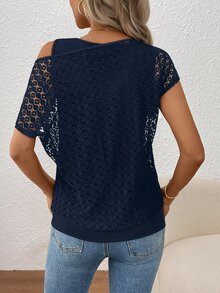 EMERY ROSE Women Lace Stitching Asymmetrical Shoulder Top - Royal Blue - View 2