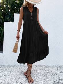 EMERY ROSE Button Detail Layered Hem Smock Dress Maxi Women Outfit - Black - View 5