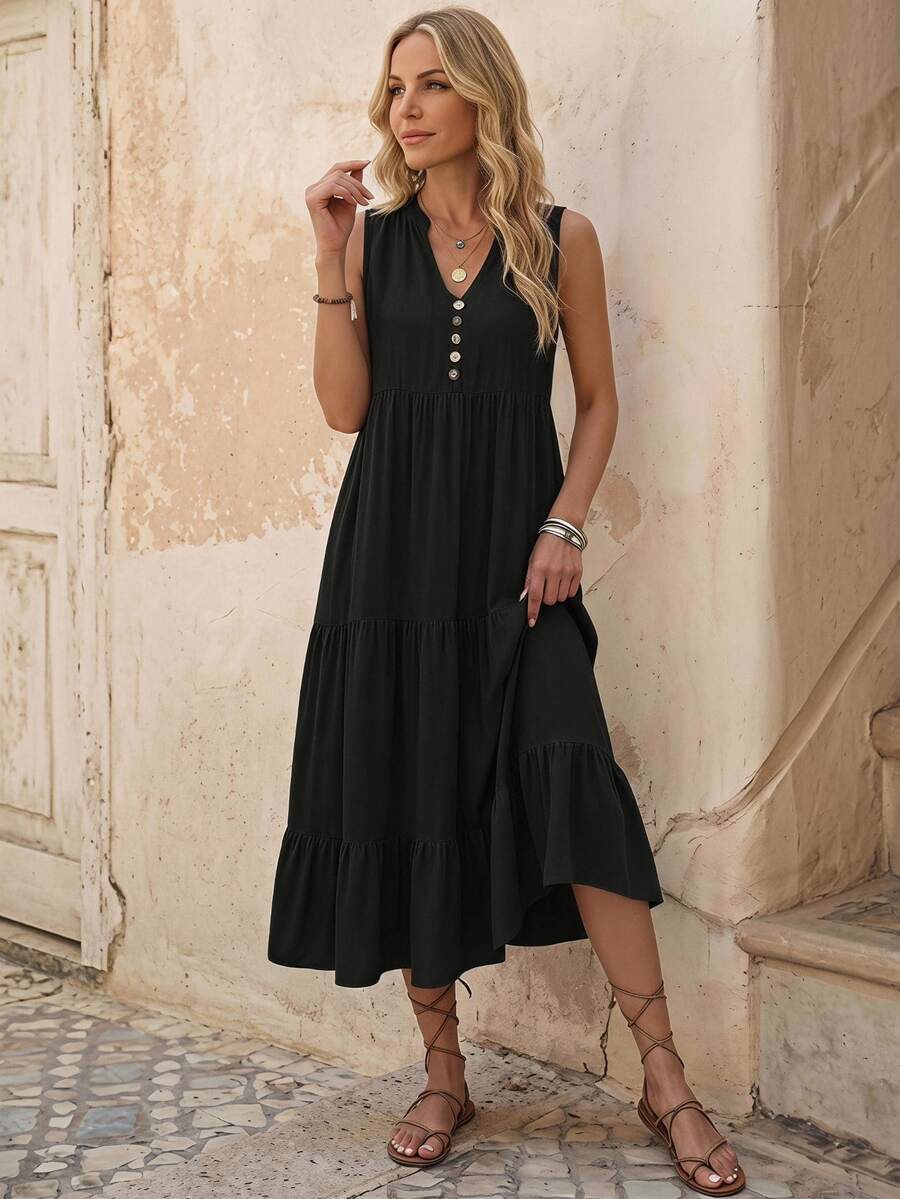 EMERY ROSE Button Detail Layered Hem Smock Dress Maxi Women Outfit - Black - View 1