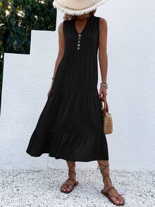 EMERY ROSE Button Detail Layered Hem Smock Dress Maxi Women Outfit - Black - View 7