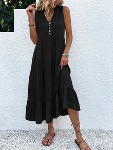 EMERY ROSE Button Detail Layered Hem Smock Dress Maxi Women Outfit - Black - View 3