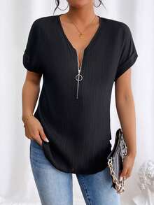 EMERY ROSE Women's Half Zip Batwing Short Sleeve Blouse - Black - View 6