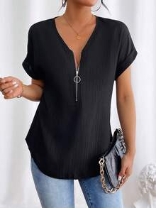 EMERY ROSE Women's Half Zip Batwing Short Sleeve Blouse - Black - View 2