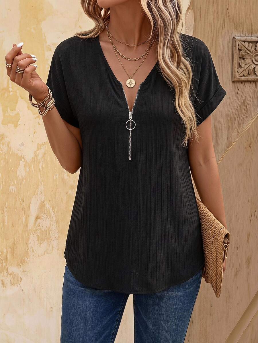 EMERY ROSE Women's Half Zip Batwing Short Sleeve Blouse - Black - View 1