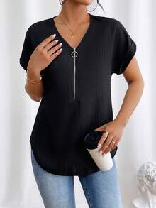 EMERY ROSE Women's Half Zip Batwing Short Sleeve Blouse - Black - View 5
