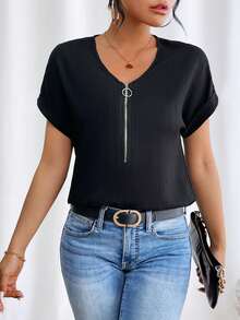 EMERY ROSE Women's Half Zip Batwing Short Sleeve Blouse - Black - View 7