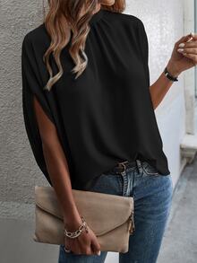 EMERY ROSE Blusa sólida con mangas tipo murciélago y cierre en la espalda - Negro - Ver 5