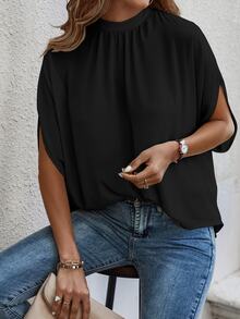 EMERY ROSE Blusa sólida con mangas tipo murciélago y cierre en la espalda - Negro - Ver 6