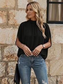 EMERY ROSE Blusa sólida con mangas tipo murciélago y cierre en la espalda - Negro - Ver 1