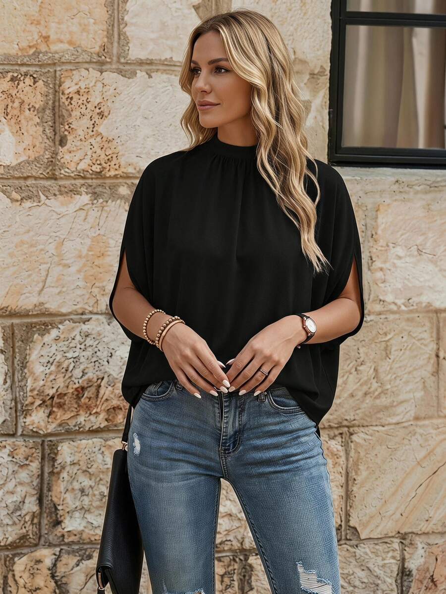 EMERY ROSE Blusa sólida con mangas tipo murciélago y cierre en la espalda - Negro - Ver 1