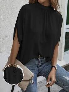 EMERY ROSE Blusa sólida con mangas tipo murciélago y cierre en la espalda - Negro - Ver 3