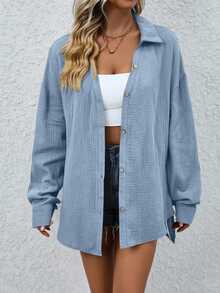 EMERY ROSE Casual Solid Color Loose Fit Drop Shoulder Shirt Fall Cloth For Women - Blue - View 5
