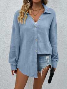 EMERY ROSE Casual Solid Color Loose Fit Drop Shoulder Shirt Fall Cloth For Women - Blue - View 7