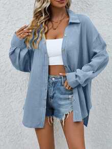 EMERY ROSE Casual Solid Color Loose Fit Drop Shoulder Shirt Fall Cloth For Women - Blue - View 3