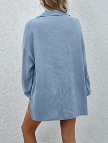EMERY ROSE Casual Solid Color Loose Fit Drop Shoulder Shirt Fall Cloth For Women - Blue - View 2