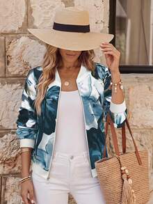 EMERY ROSE Women's Floral Print Zipper Front Casual Baseball Jacket For Holiday Fall Winter Cloth For Women - Multicolor - View 1