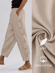 EMERY ROSE Women Simple Casual Button Decoration Slanted Pocket Elastic Waist Tapered Pants - Apricot - View 3