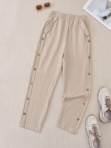 EMERY ROSE Women Simple Casual Button Decoration Slanted Pocket Elastic Waist Tapered Pants - Apricot - View 8
