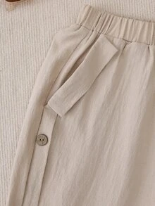 EMERY ROSE Women Simple Casual Button Decoration Slanted Pocket Elastic Waist Tapered Pants - Apricot - View 7