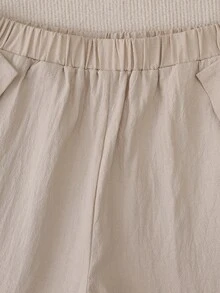 EMERY ROSE Women Simple Casual Button Decoration Slanted Pocket Elastic Waist Tapered Pants - Apricot - View 5