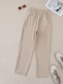 EMERY ROSE Women Simple Casual Button Decoration Slanted Pocket Elastic Waist Tapered Pants - Apricot - View 2