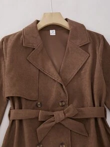 SHEIN Tween Girl Trench Coat, Vacation, Back To School School Career, Autumn, Coffee Brown - Coffee Brown - View 5