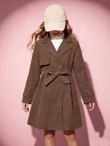 SHEIN Tween Girl Trench Coat, Vacation, Back To School School Career, Autumn, Coffee Brown - Coffee Brown - View 3