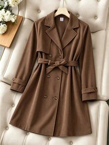 SHEIN Tween Girl Trench Coat, Vacation, Back To School School Career, Autumn, Coffee Brown - Coffee Brown - View 4